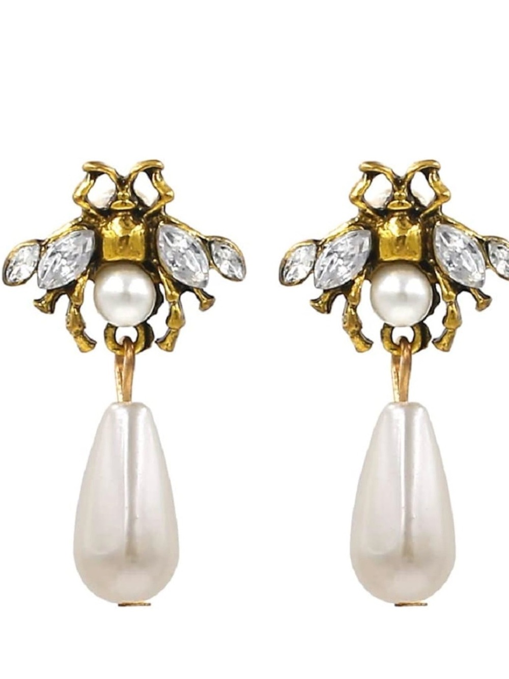 Gold Bee Pearl Drop Earrings - Elegant Women's Jewelry